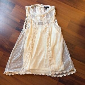 Manteau Women's Sleeveless Lace Top‎ Cream Polka Dot Blouse Size S